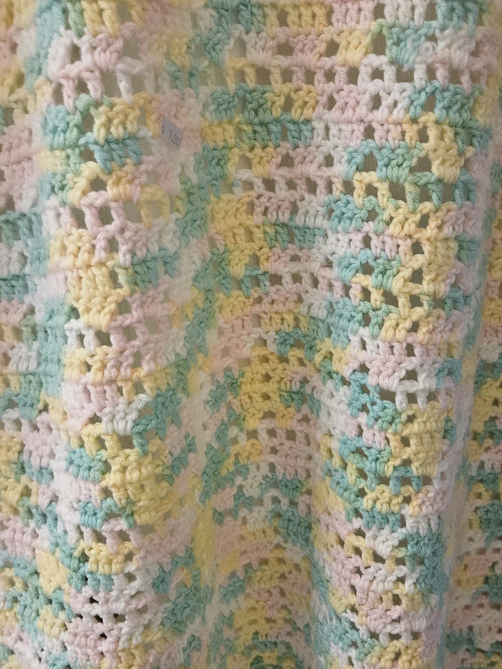 Hand-Crocheted Afghan Pastel Throw Blanket Baby Neutral Pink,Yellow Mint Fringe